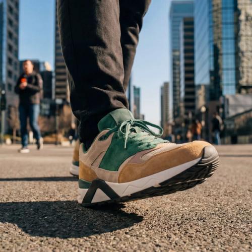 Sneaker urban street photography with city skyline backdrop — GoPackshot