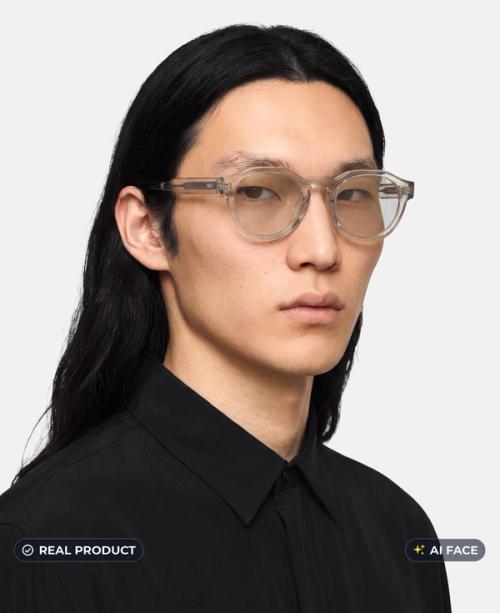Clear aviator optical frames on-model portrait, real frames with AI-generated face, gopackshot eyewear