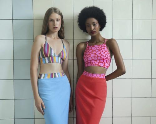 Bikini editorial two-model photography poolside — swimwear GoPackshot