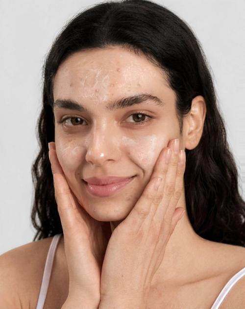 Facial peeling on-model application photography with skin detail — GoPackshot studio