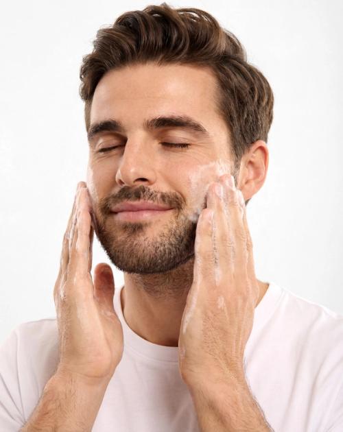 Men's beard care on-model application photography — GoPackshot studio