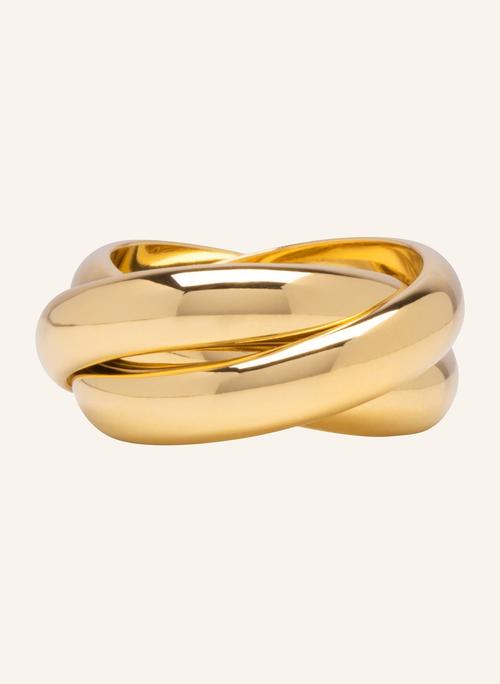Gold interlocking rings packshot on neutral background — jewellery photography GoPackshot