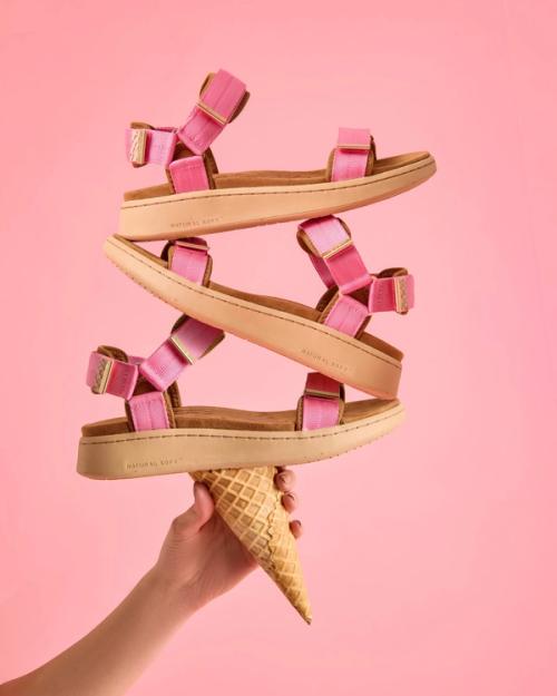 Sandal creative photography with playful summer props — GoPackshot studio