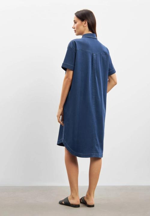 Denim shirt dress back view on-model — womenswear GoPackshot