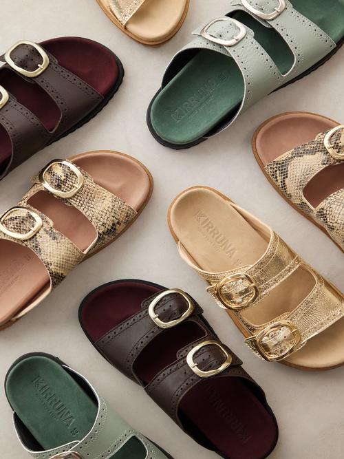 Sandal collection flat lay photography in studio — footwear ecommerce GoPackshot
