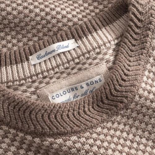 Sweater knit pattern label detail photography — menswear GoPackshot