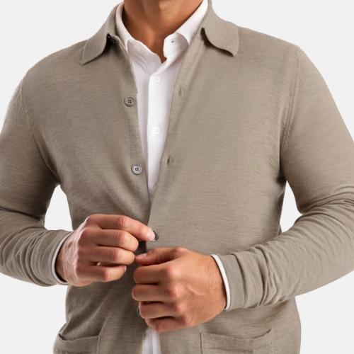 Cardigan button detail on-model photography — menswear studio GoPackshot