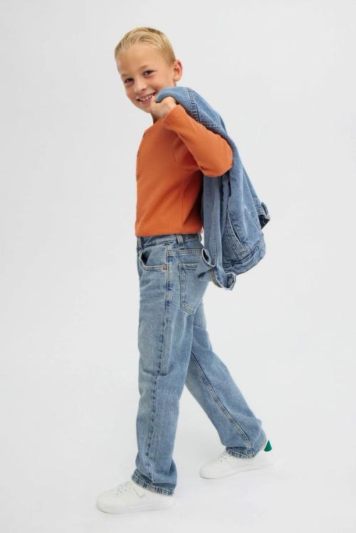 Kids denim jacket layered outfit on-model — childrenswear ecommerce GoPackshot