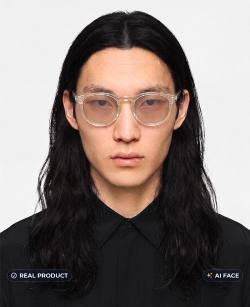 Clear round frames on-model portrait, real frames with AI-generated face, gopackshot eyewear