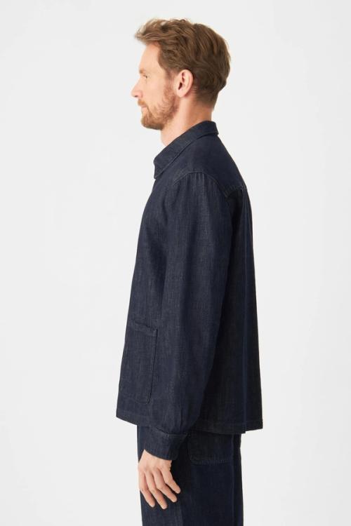 Denim shirt side profile on-model — menswear studio GoPackshot