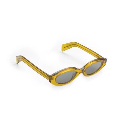 Sunglasses oval frame angled packshot with green lenses — eyewear photography GoPackshot