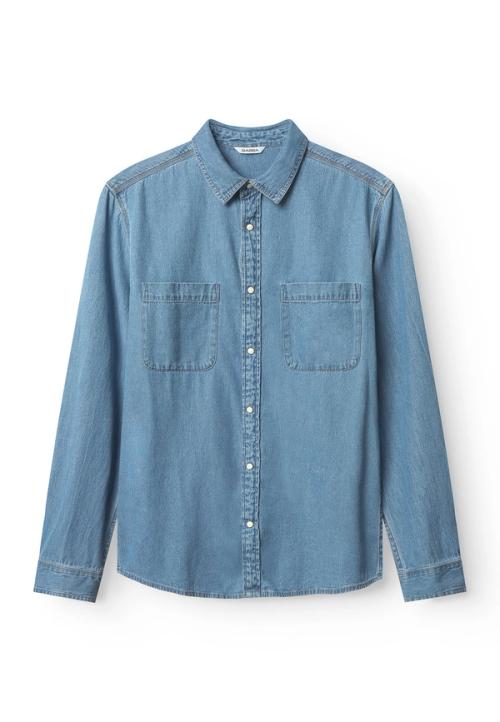 Denim shirt front flat-lay — white background packshot GoPackshot