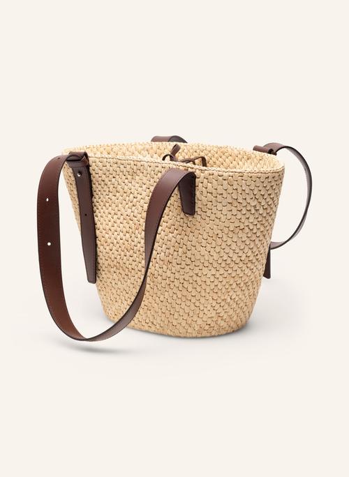 Woven straw basket bag packshot with crossbody strap — ecommerce photography GoPackshot