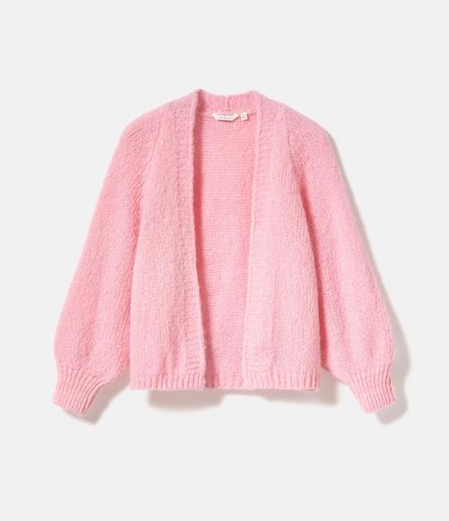 Cardigan flat-lay packshot on grey background — womenswear ecommerce GoPackshot