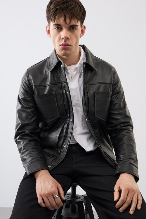Men's leather trucker jacket on-model photography — menswear ecommerce GoPackshot