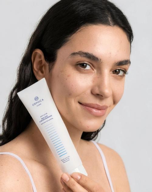 Facial peeling tube held on-model in skincare photography — GoPackshot studio