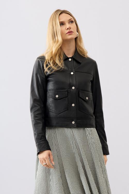 Women's leather trucker jacket on-model photography — womenswear ecommerce GoPackshot