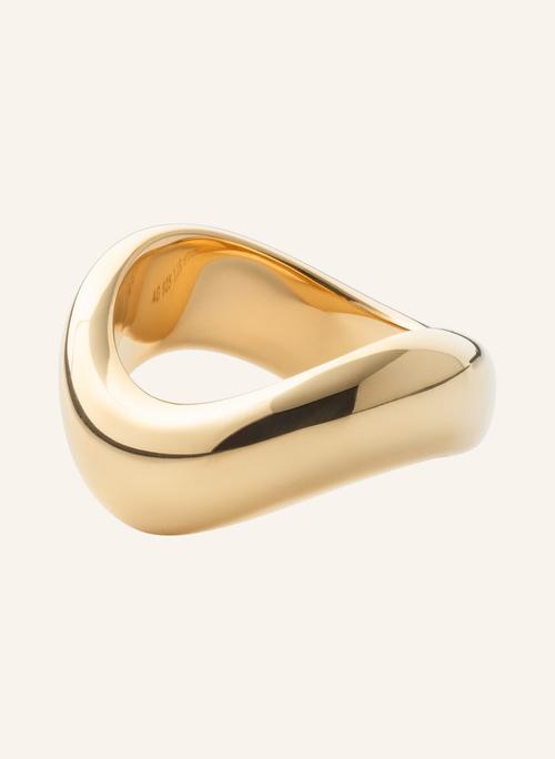 Sculptural gold ring packshot on neutral background — jewellery photography GoPackshot