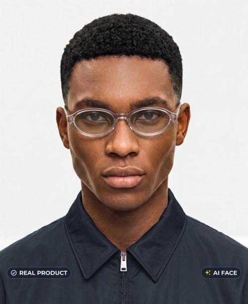 Round tinted sunglasses on-model portrait, real frames with AI-generated face, gopackshot eyewear