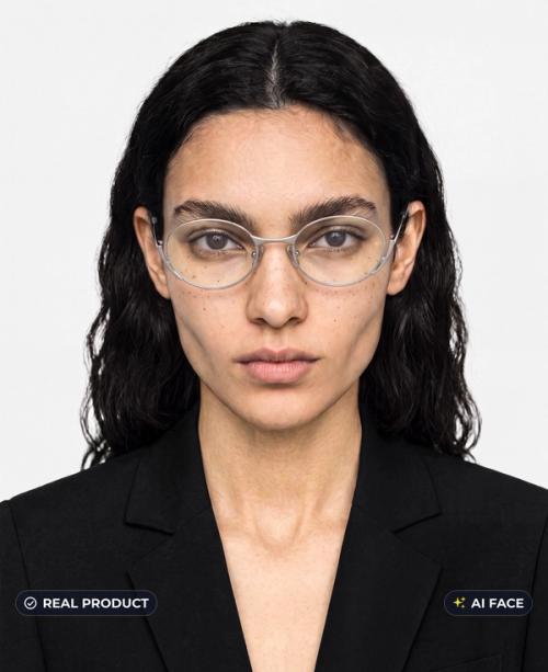 Clear metal optical frames on-model portrait, real frames with AI-generated face, gopackshot eyewear