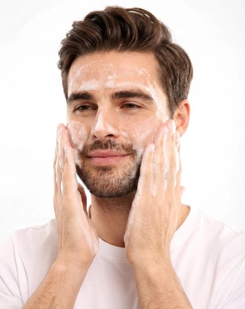 Men's face wash on-model application photography in studio — GoPackshot studio