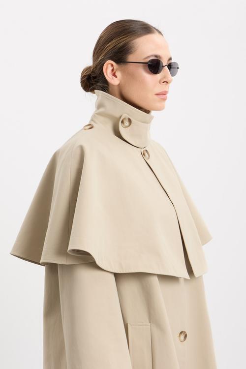 Cape trench coat collar detail on-model photography — womenswear ecommerce GoPackshot