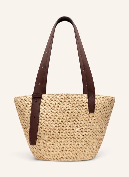 Woven straw tote bag packshot with leather handles on neutral background — GoPackshot studio