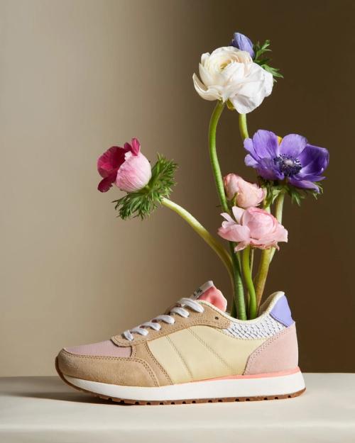 Sneaker still life photography with fresh flower arrangement — GoPackshot studio