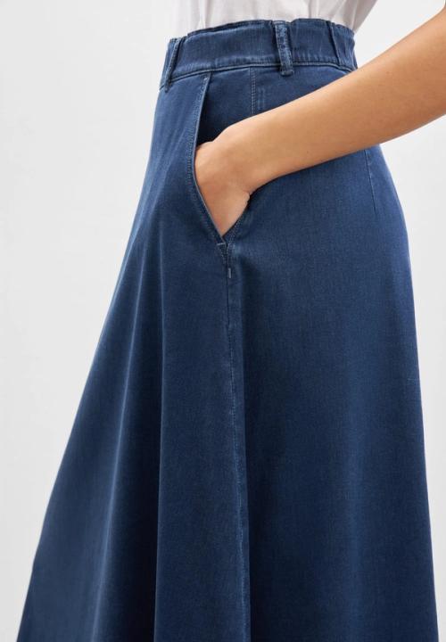 Denim skirt detail photography on model — studio GoPackshot