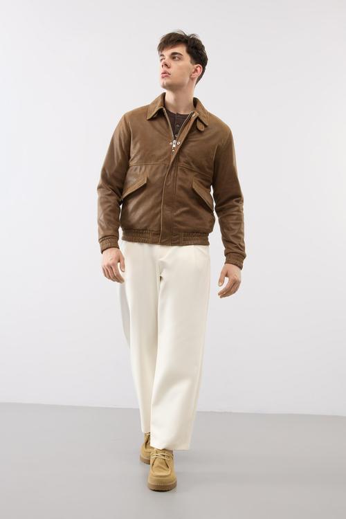 Men's brown leather jacket on-model full-length photography — menswear GoPackshot