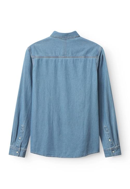 Denim shirt flat-lay back view — ecommerce packshot GoPackshot