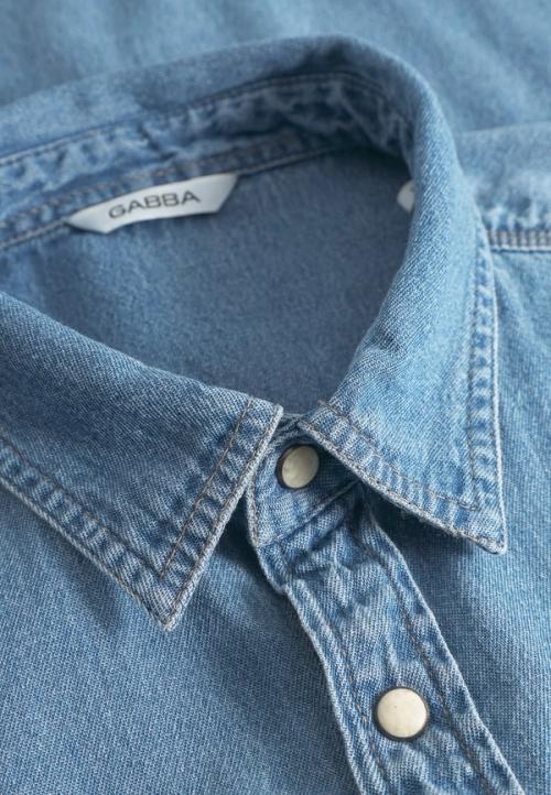 Denim shirt collar detail macro — studio photography GoPackshot