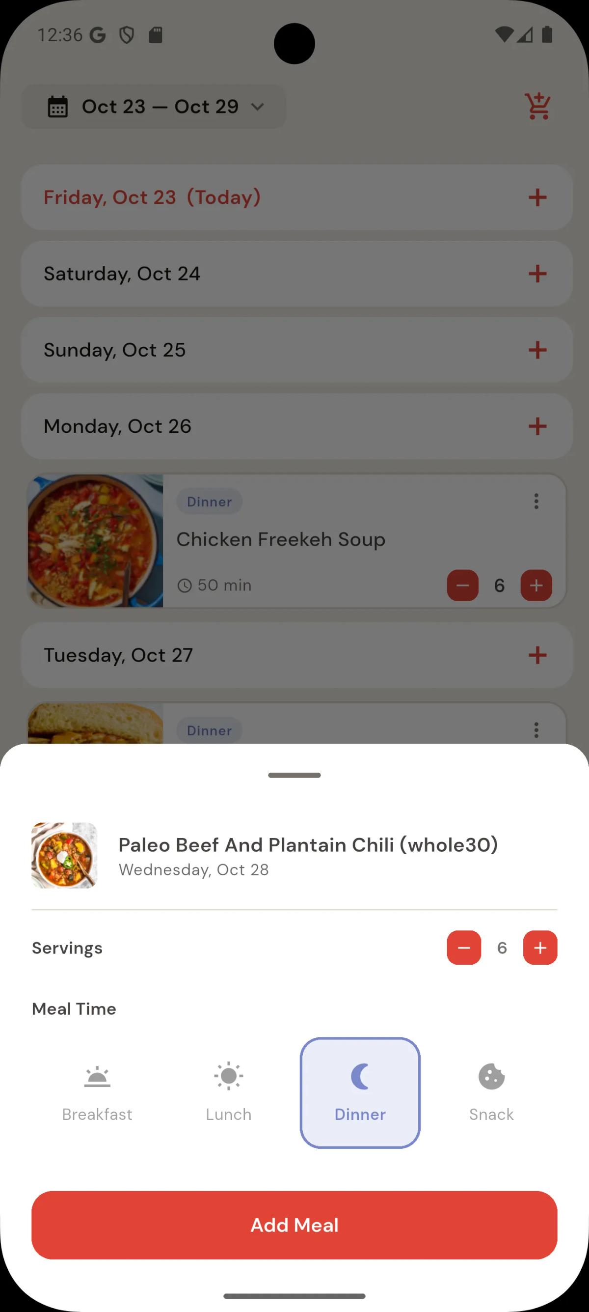 Screenshot of meal added to the plan, set type and servings