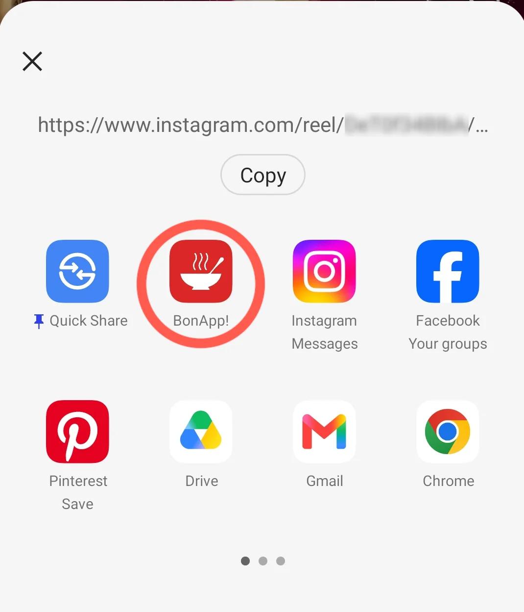 Device share sheet with BonApp! highlighted.