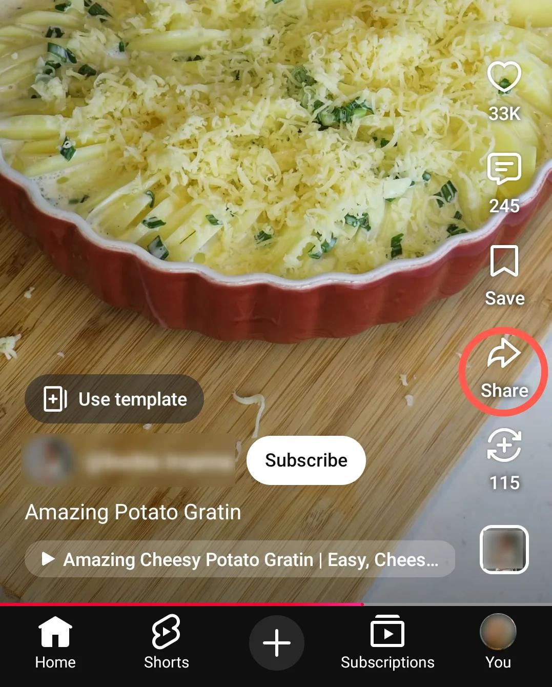 YouTube Short showing the Share button highlighted.
