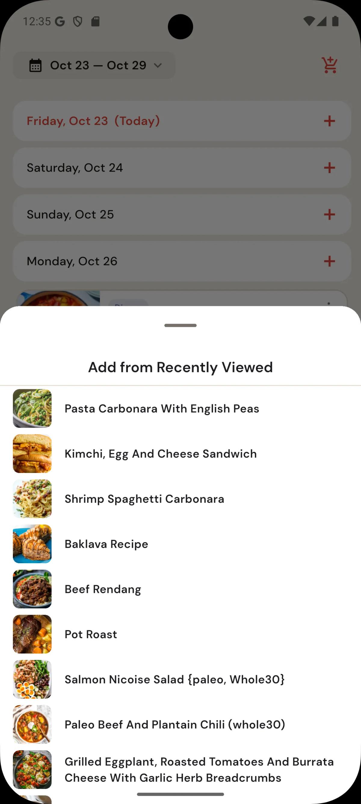 Screenshot of adding meal from the date tile