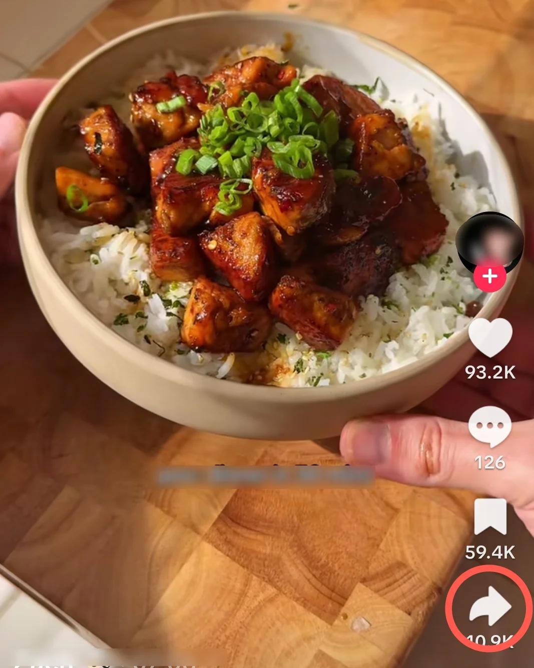 TikTok recipe video with the Share arrow highlighted.