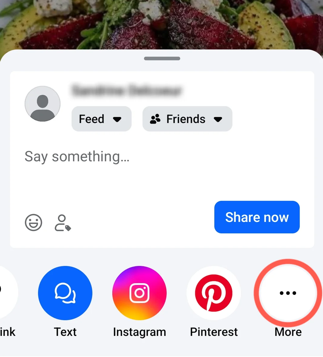 Facebook sharing panel with More highlighted.