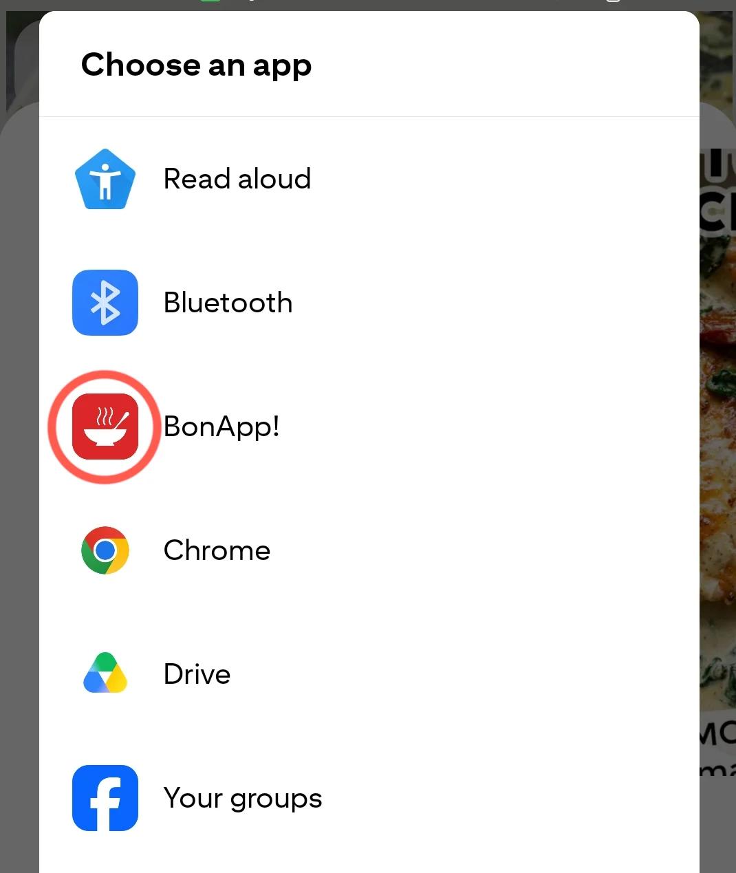 Android app chooser with BonApp! highlighted for a Pinterest link.