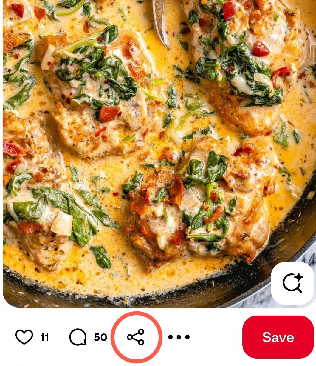 Pinterest recipe Pin showing the Share icon highlighted.