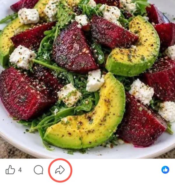 Facebook recipe post with the Share icon highlighted.