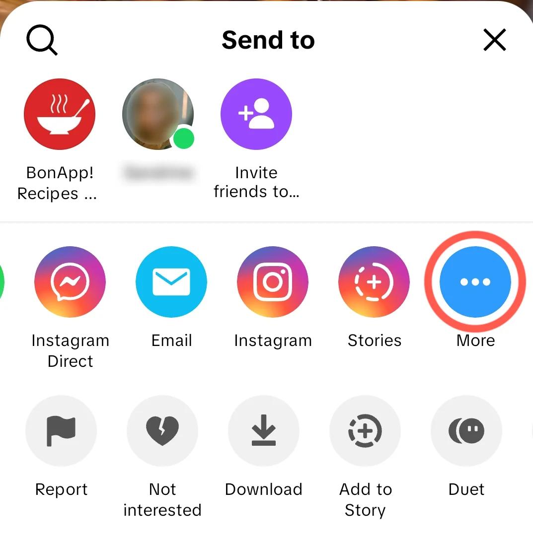 TikTok sharing menu with More highlighted.