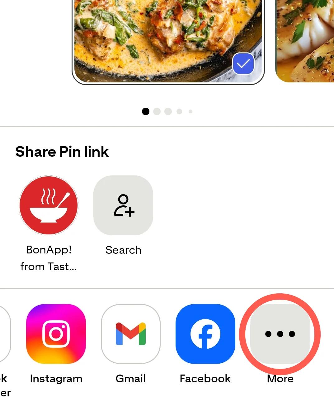 Pinterest sharing panel with More highlighted.
