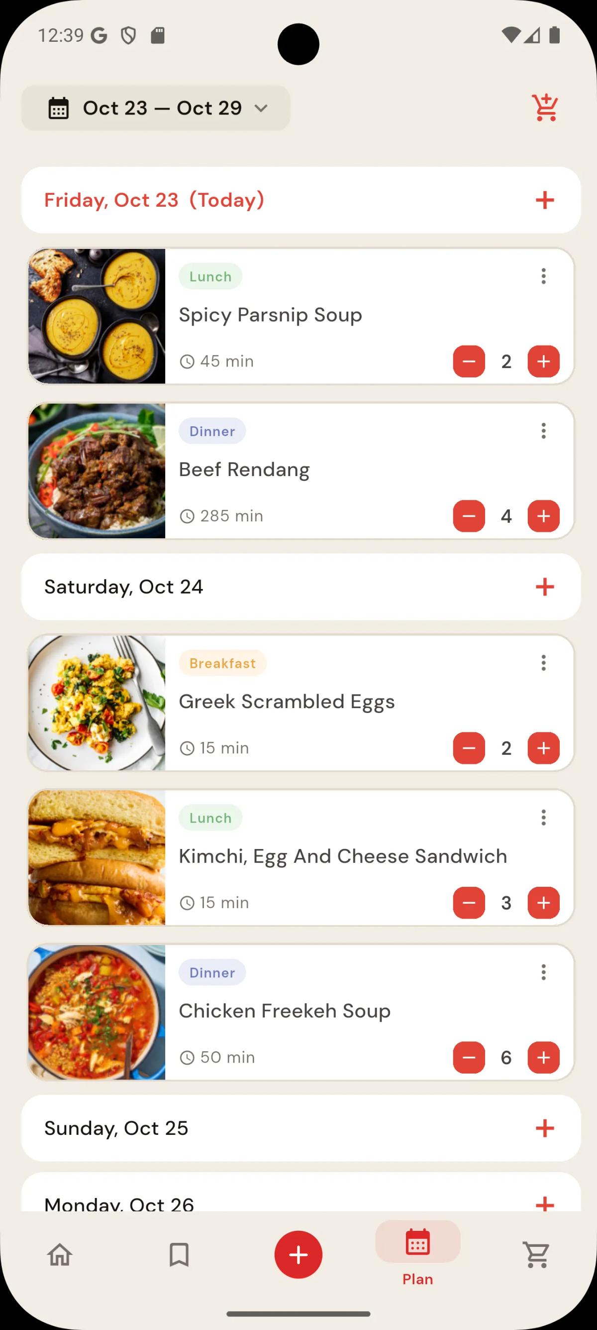 Screenshot of completed meal plan