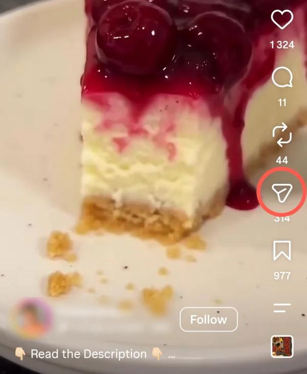Instagram Reel showing the Share icon highlighted.