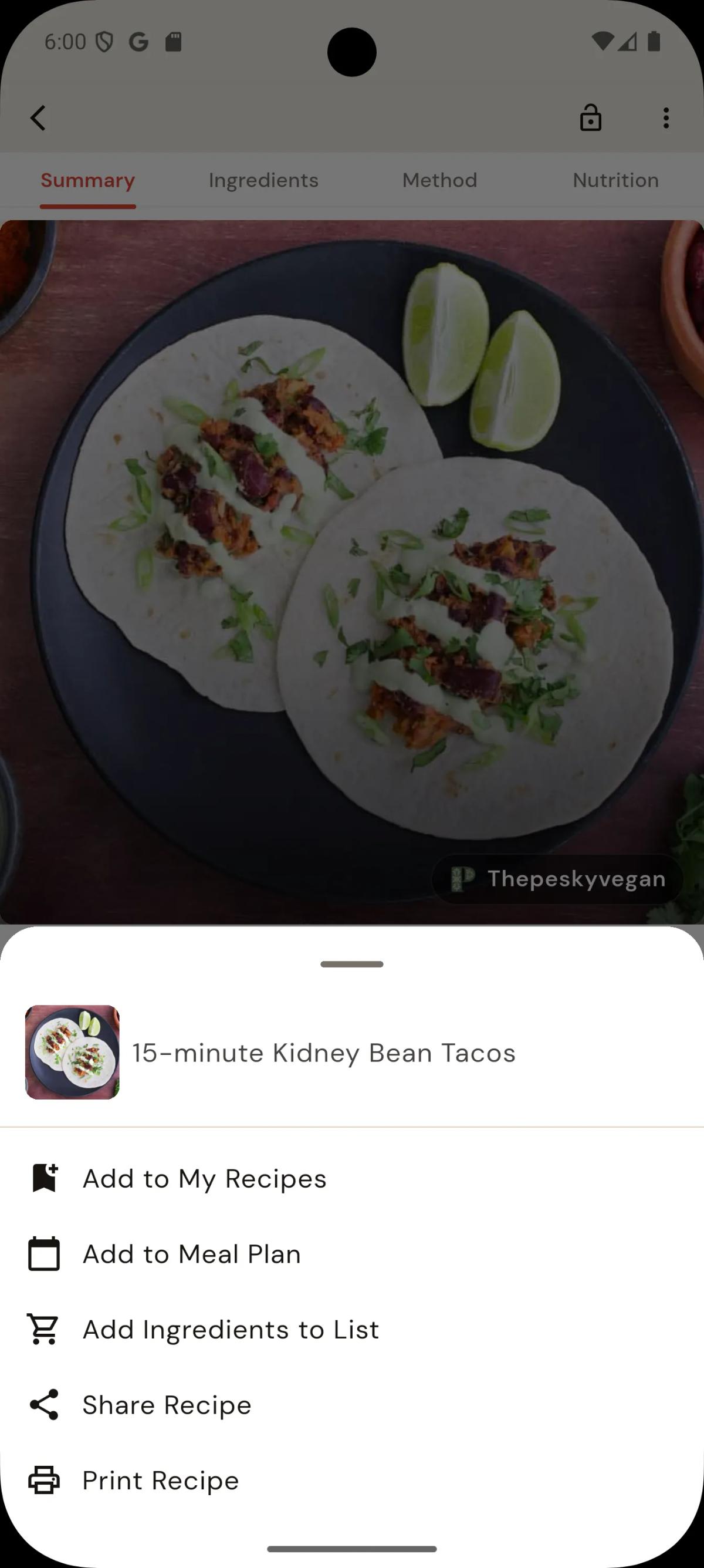 Selecting Print Recipe in BonApp menu