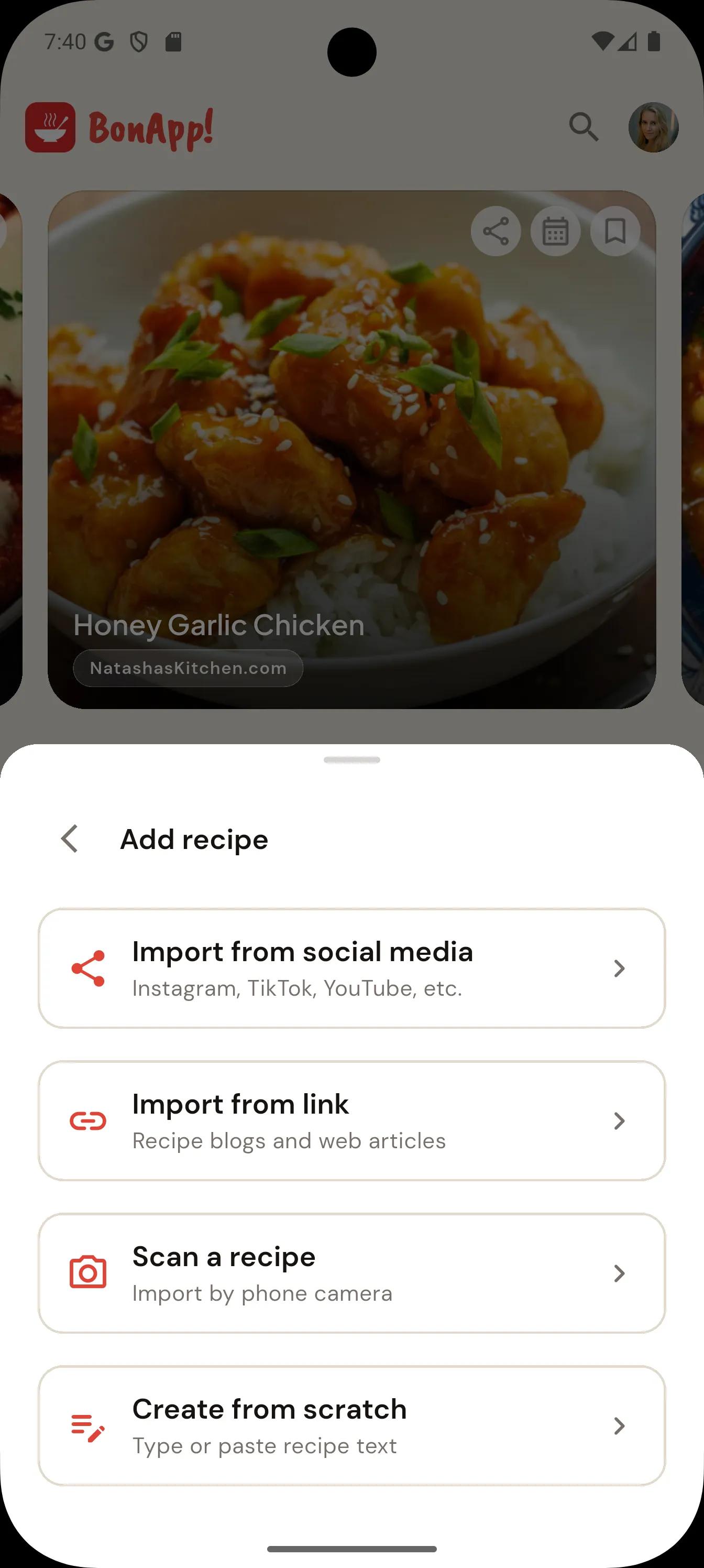 Screenshot of the import recipes menu