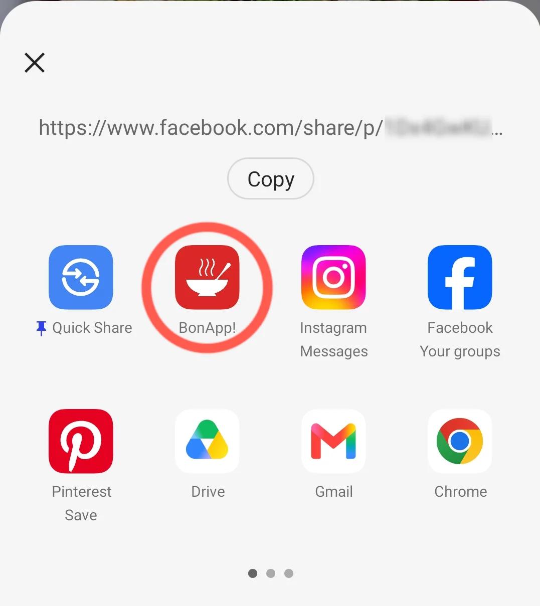 Device share sheet with BonApp! highlighted.