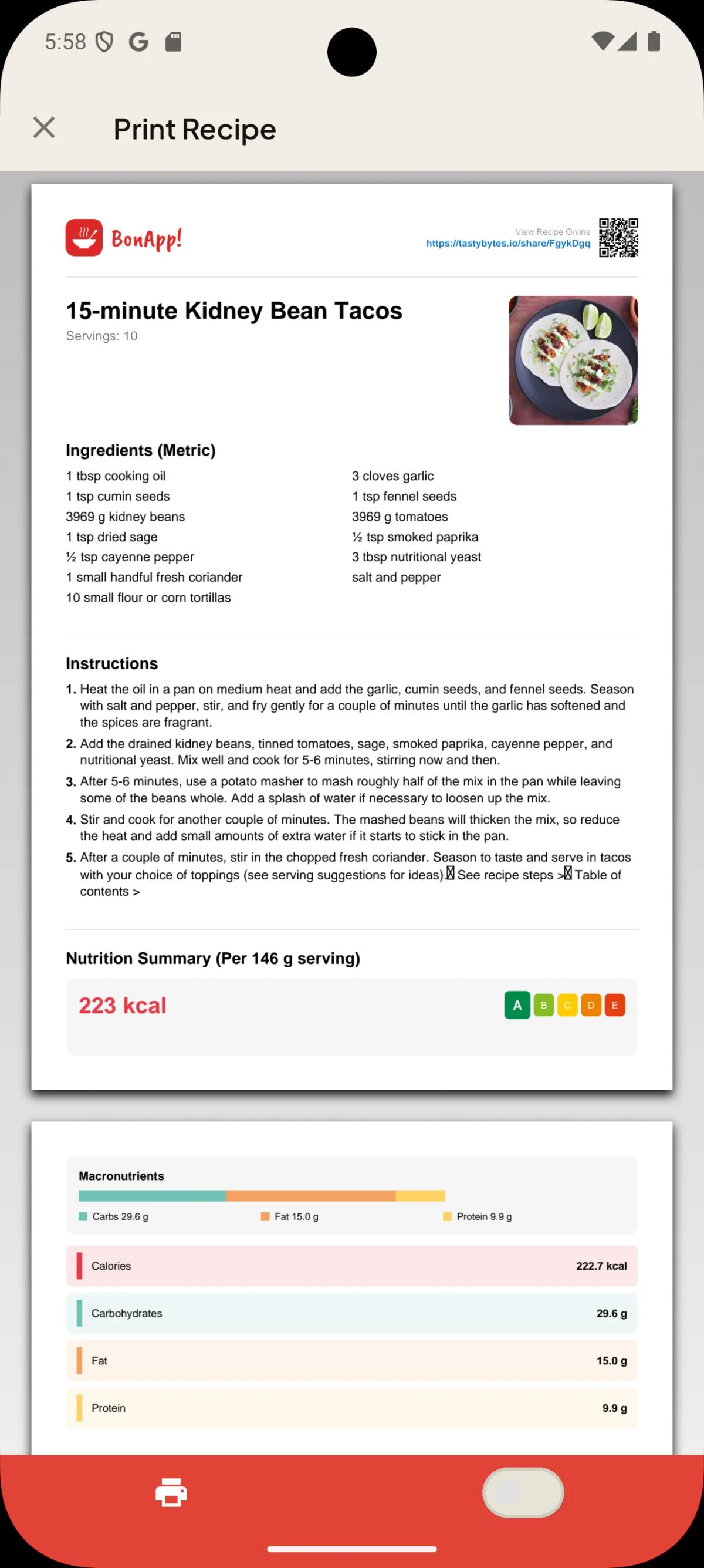Print preview screen showing recipe layout