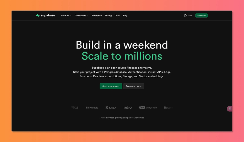 Supabase is an open source Firebase alternative. Start your project with a Postgres database, Authentication, instant APIs, Edge Functions, Realtime subscriptions, Storage, and Vector embeddings.